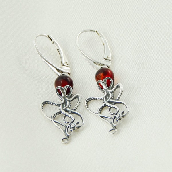 Natural Baltic Cherry Amber Octopus Dangle Earrings in 925 Sterling Silver