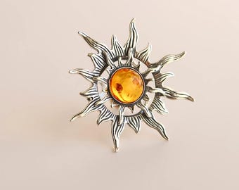 925 Sterling Silber Sonnen-Ring mit baltischem Bernstein