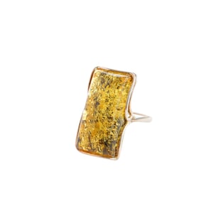 Natural Baltic Green Amber Rectangular Cut Adjustable Statement Ring in 925 Sterling Silver