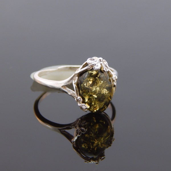 Natural Baltic Green Amber Tiny Flower Adjustable Ring in 925 Sterling Silver