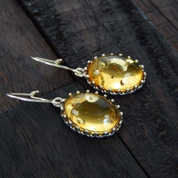 Boucles d'oreilles pendantes victoriennes taille ovale, ambre citron naturel ukrainien de la Baltique en argent sterling 925