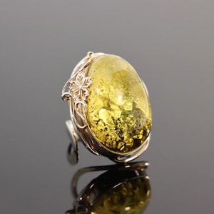 Baltic Green Amber Floral Adjustable Ring in 925 Sterling Silver, Genuine Amber