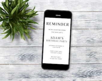 Minimal Party Reminder Template, Editable Birthday Courtesy Text for Party Guests, Digital Party Details Note, Simple Black and White, BD42