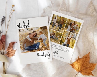 May include: A Thanksgiving card with a collage of photos of a family in a park. The card says "Happy Thanksgiving from our to yours. May your day be with love and laughter." The card is signed "The Smith Family 2023 with love Miranda & Mya"