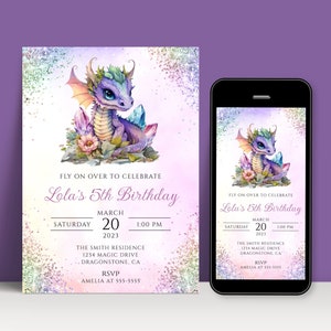 Birthday Invitation For Girls Dragons, Purple Dragon Invitation, Kids Birthday Invite, Magical Dragon Party, Editable, INSTANT DOWNLOAD BD28