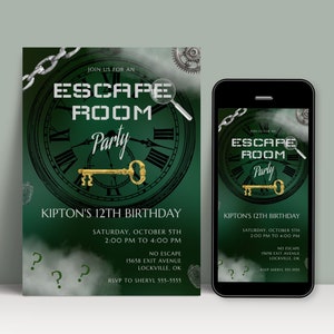 Escape Room Digital Invitation, Editable Boys Birthday Invite, Mystery Break Out Party, Kids 12th BDay Printable, INSTANT DOWNLOAD, BD30