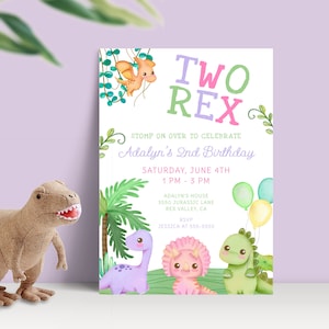May include: A colourful dinosaur-themed birthday invitation with the text "TWO REX" and "Adalyn's 2nd Birthday". The invitation features a purple, pink, and green dinosaur with balloons and a jungle background.