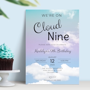 Editable Cloud Nine Birthday Invitation, INSTANT DOWNLOAD, On Cloud 9 Invite with Digital Evite, 9th Birthday Party Girl, Rainbow Sky, BD19