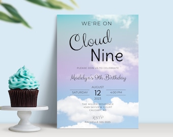 Editable Cloud Nine Birthday Invitation, INSTANT DOWNLOAD, On Cloud 9 Invite with Digital Evite, 9th Birthday Party Girl, Rainbow Sky, BD19
