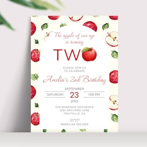 Apple Birthday Invitation, 2nd Birthday Apple Theme, INSTANT DOWNLOAD, Fall Invitation, Red Apple, Turning Two, Electronic Invitation, BD21