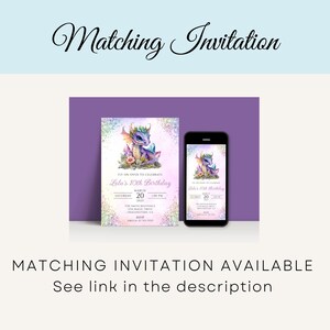 May include: Purple and blue dragon illustration on a pink and purple glitter background. The invitation reads "Let's get together to celebrate Lola's 10th Birthday" with a date and time. A matching invitation is available on a smartphone.