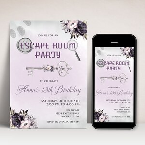 Escape Room Digital Invitation Girl, Editable Escape Room Birthday Invite, Printable Teen Mystery Break Out, Purple, INSTANT DOWNLOAD, BD29