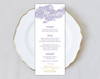 Modèle de menu de baptême de fille numérique, menu de baptême imprimable, cartes de menu, menu de communion, aquarelle violet pastel, TÉLÉCHARGEMENT INSTANTANÉ, R05