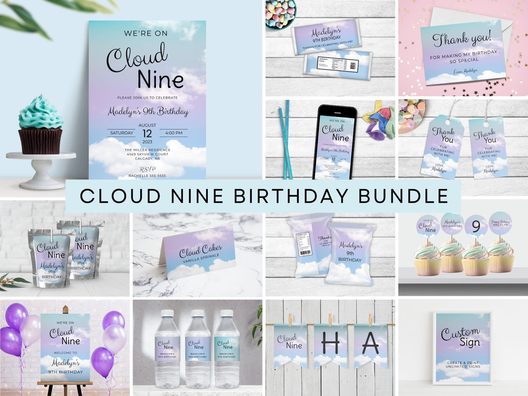 Cloud Nine Birthday Invitation Bundle, INSTANT DOWNLOAD, 9th Birthday ...