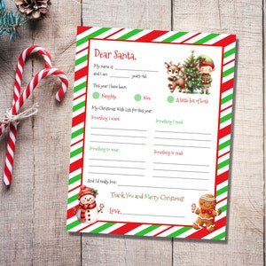 Carta a Papá Noel Lista de deseos navideños imprimible Lista de deseos navideños para niños Carta a Papá Noel Elfo rojo y verde Actividad navideña divertida Descarga instantánea S13
