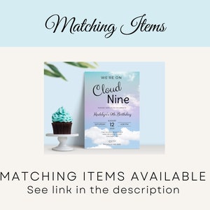 May include: A birthday invitation with a blue and purple ombre background and clouds. The text reads "We're on Cloud Nine" and "Madelyn's 9th Birthday".