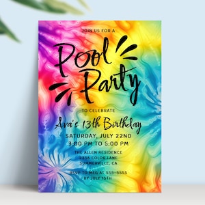 Pool Party Invitation 13th Birthday, Neon Tie Dye Pool Party Invite, Teenager Birthday Electronic Invite, Editable, INSTANT DOWNLOAD, BD27