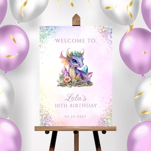 Girl Dragon Welcome Sign Template, Dragon Birthday Party Poster, Purple Dragon Theme Decor, Editable Girl Welcome Sign INSTANT DOWNLOAD BD28