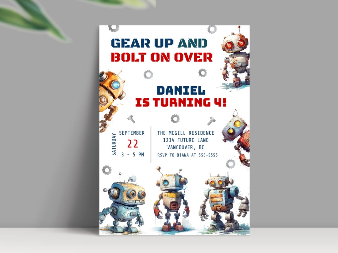 Robot 4th Birthday Invitation Template, INSTANT DOWNLOAD, Editable ...