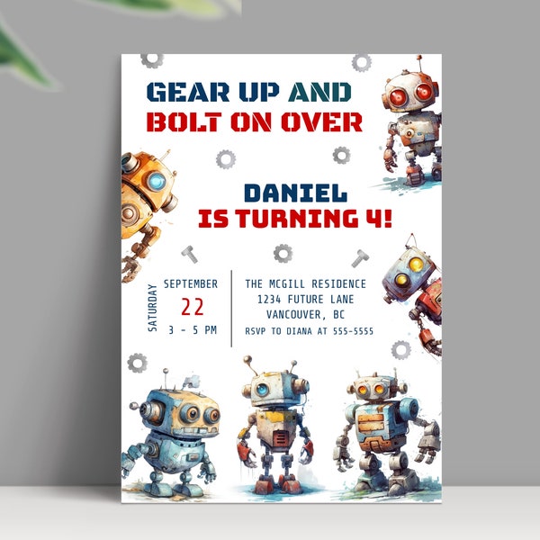 Robot 4th Birthday Invitation Template, INSTANT DOWNLOAD, Editable Robot Party Invite with Digital Evite, Robot Party Theme Printable, BD18