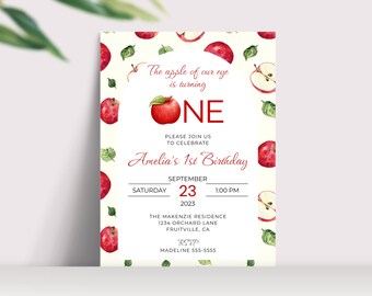 Uitnodiging appel van ons oog, appel eerste verjaardagsuitnodiging, INSTANT DOWNLOAD, Red Apples 1e verjaardagsfeestje, herfstuitnodiging, BD21