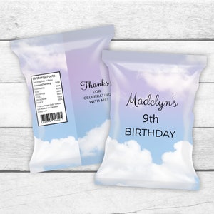 May include: Two blue and purple chip bags with a cloud design. One bag says "Madelyn's 9th Birthday" and the other says "Thanks for celebrating with me!"