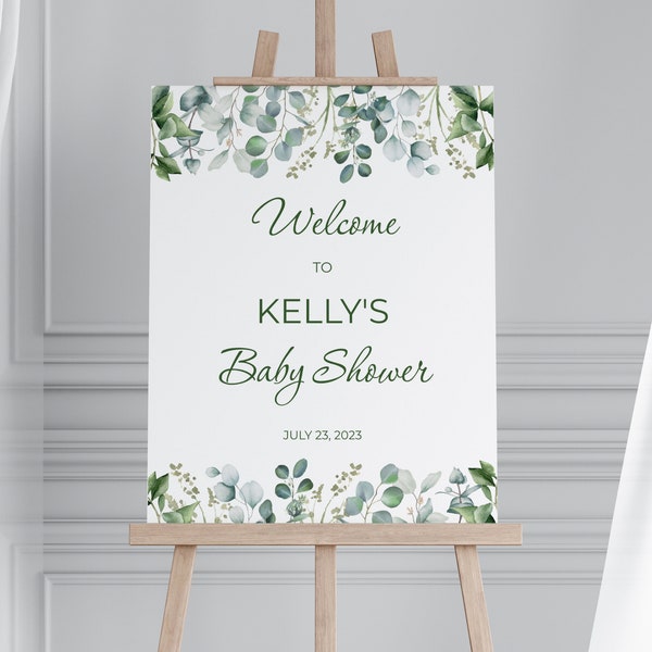 Greenery Baby Shower Welcome Sign, Editable, Editable Eucalyptus Welcome Poster, Botanical Gender Neutral Shower Decor Custom Printable BS10