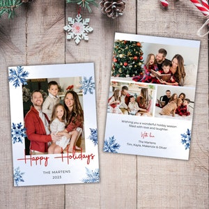 Sneeuwvlok vakantie fotokaart sjabloon, aangepaste kerst familie foto afdrukbaar, bewerkbare kerst wenskaart, blauw & rood INSTANT DOWNLOAD S08
