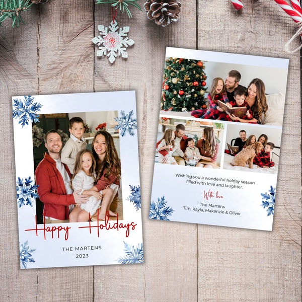 Snowflake Holiday Photo Card Template, Custom Christmas Family Photo Printable, Editable Xmas Greeting Card, Blue & Red INSTANT DOWNLOAD S08