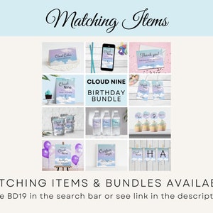 May include: A collection of printable party decorations for a Cloud Nine birthday party. The decorations include invitations, thank you cards, cupcake toppers, water bottle labels, and a banner. The theme is a blue and purple watercolor cloud design.