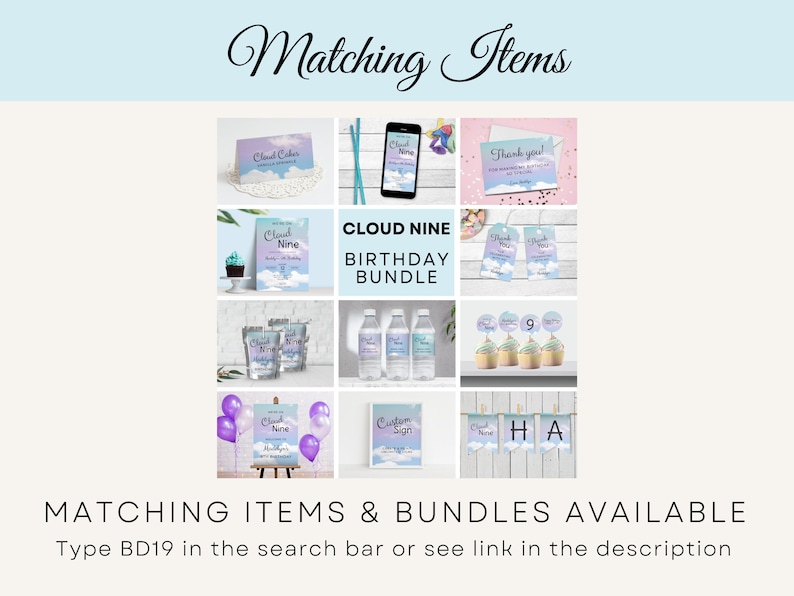 May include: A collection of printable party decorations for a Cloud Nine birthday party. The decorations include invitations, thank you cards, cupcake toppers, water bottle labels, and a banner. The theme is a blue and purple watercolor cloud design.