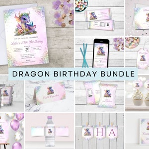 Girl Dragon Birthday Invitation Bundle, Kids Party Favors, Editable Bday Decor, Printable Templates, Glitter Crystals, INSTANT DOWNLOAD BD28