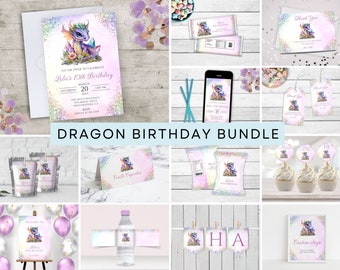 May include: A printable dragon birthday party bundle with a purple and pink color scheme. The bundle includes invitations, thank you cards, cupcake toppers, favor bags, water bottle labels, a welcome sign, and a banner. The text on the invitation reads "Fly on over to celebrate Lola's 10th Birthday".