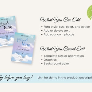 May include: Two printable invitations with a blue and purple gradient background and white clouds. The text reads "We're on Cloud Nine" and includes details for a 9th birthday party. The text "Edit with Jet Template" is in a green circle in the upper right corner.