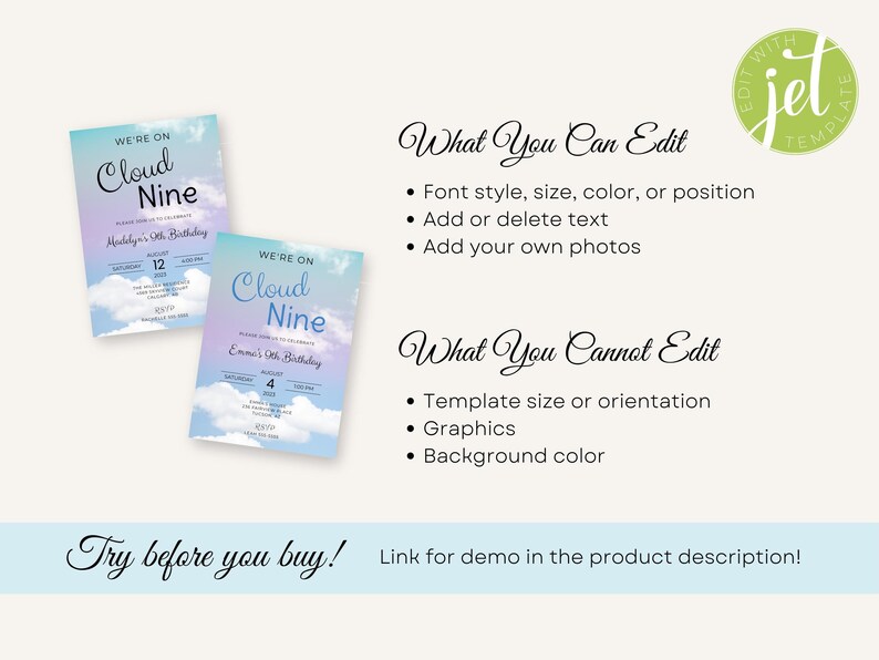 May include: Two printable invitations with a blue and purple gradient background and white clouds. The text reads "We're on Cloud Nine" and includes details for a 9th birthday party. The text "Edit with Jet Template" is in a green circle in the upper right corner.