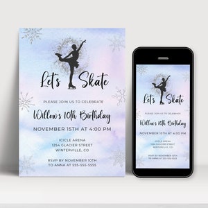 Puede incluir: Un fondo de acuarela azul y morado con copos de nieve y una silueta de una persona patinando sobre hielo. El texto "Let's Skate" está en la parte superior de la invitación. El texto "Willow's 10th Birthday" está debajo de la silueta. El texto "November 15th at 4:00 PM" está debajo del texto del cumpleaños. El texto "Icicle Arena, 1254 Glacier Street, Winterville, CO" está debajo de la hora. El texto "RSVP by November 10th to Anna at 555-555-5555" está en la parte inferior de la invitación.