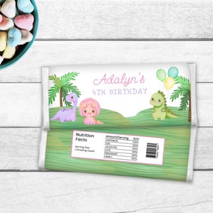 Pastel dinosaurus chocoladereep wrapper feestbedankje, Dino Candy-label, bewerkbaar verjaardagsdecor meisje, leuk bedankje afdrukbaar, BD24