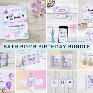 May include: A collection of pastel-colored birthday party supplies with a bath bomb theme. The bundle includes invitations, thank you cards, cupcake toppers, and a banner. The text includes "Turning 8 is the Bomb" and "Addison's 8th Birthday".