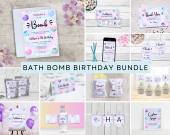 Paquete de invitación de cumpleaños de bomba de baño, decoración y favores de fiesta para hacer jabón imprimible, paquete de fiesta de spa para niñas y adolescentes, tinte de corbata pastel, BD32