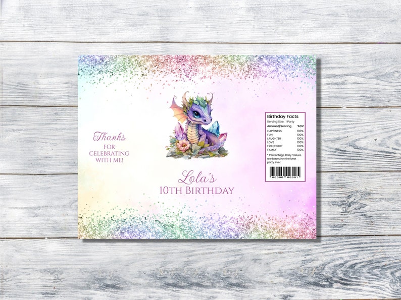 Dragon Party Favors Chip Bag Wrapper Template, Girl Birthday Decor