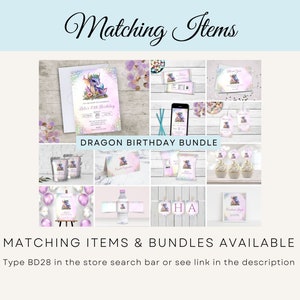 May include: A dragon birthday party bundle with a variety of matching items, including invitations, thank you cards, favour tags, cupcake toppers, water bottle labels, and a banner. The design features a cute purple dragon with pink and blue accents.