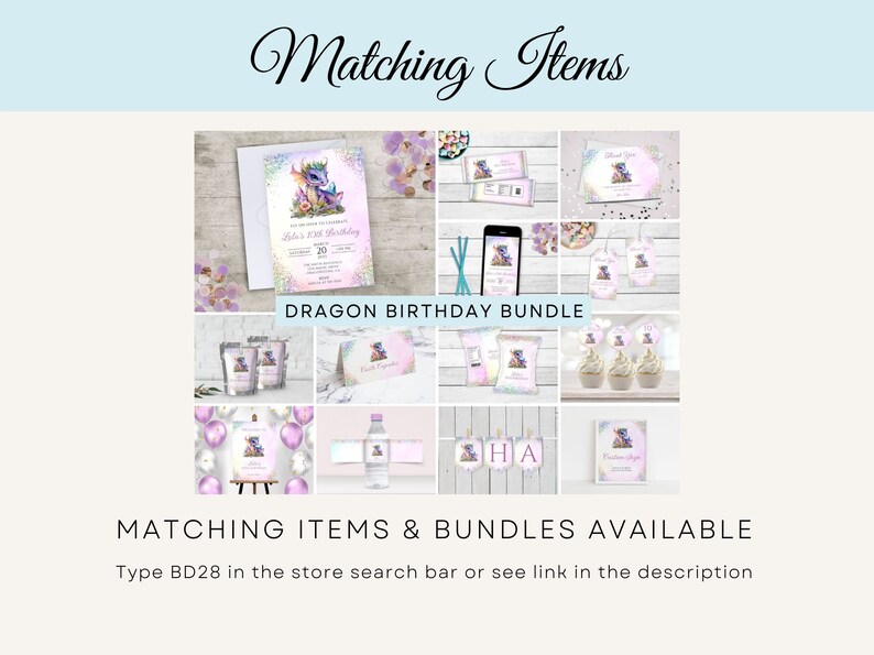May include: A dragon birthday party bundle with a variety of matching items, including invitations, thank you cards, favour tags, cupcake toppers, water bottle labels, and a banner. The design features a cute purple dragon with pink and blue accents.