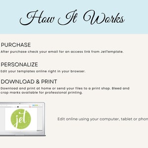 May include: How It Works: A graphic showing the steps to purchase, personalize, and download and print a template. The image shows a laptop screen with a mock-up of a template that says "jet".