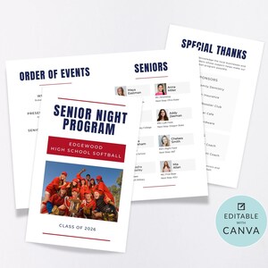 May include: A printed Senior Night Program for Edgewood High School Softball. The cover features a team photo and the text "Senior Night Program" in navy and red. Additional pages list seniors, sponsors, and the order of events. The design is editable with Canva.