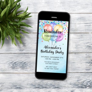 Op de afbeelding: Een kleurrijke verjaardagsherinnering op een smartphone-scherm. De herinnering heeft een blauwe achtergrond met kleurrijke ballonnen en confetti. De tekst luidt "Herinnering Morgen is Alexanders verjaardagsfeest Zaterdag 12 november 13:00 - 16:00 De Smith Residentie 1234 Party Street We kunnen niet wachten om je daar te zien!"