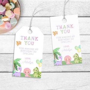 Pastel Dinosaur Birthday Favor Tags, Editable Girl Dino Party Favor Tags, Pink Dinosaur Party Decor, Printable Dino Thank You Tags BD24