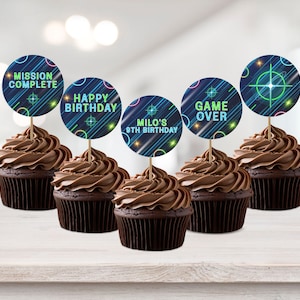 Laser Tag Cupcake Toppers Birthday Party Decor, Editable Gamer Party Favor, Printable Neon Glow Dessert Label Template INSTANT DOWNLOAD BD25