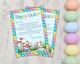 Bearbeitbare Osterhasenbriefvorlage, Kinder-Osternkorb zum Ausdrucken, personalisierte Eiersuchebrief, Überraschungshasenhinweis, Sofortdownload S02