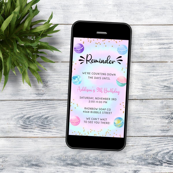Party Reminder Template, Editable Bath Bomb Birthday Courtesy Text for Party Guests, Digital Party Details Reminder, Instant Download, BD32