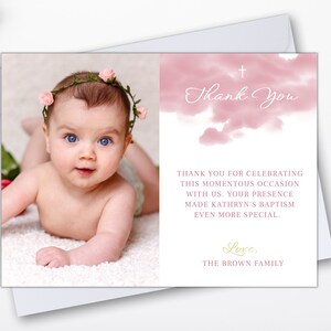 Plantilla de tarjeta de agradecimiento de bautismo rosa, DESCARGA INSTANTE, Gracias de bautizo imprimible para niña, Tarjeta de agradecimiento editable con foto, R02
